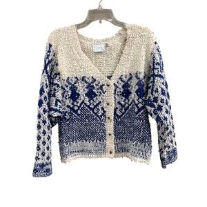 LUSH Cardigan Sweater Womens Size S Blue & Ivory Fair Isle Button Front